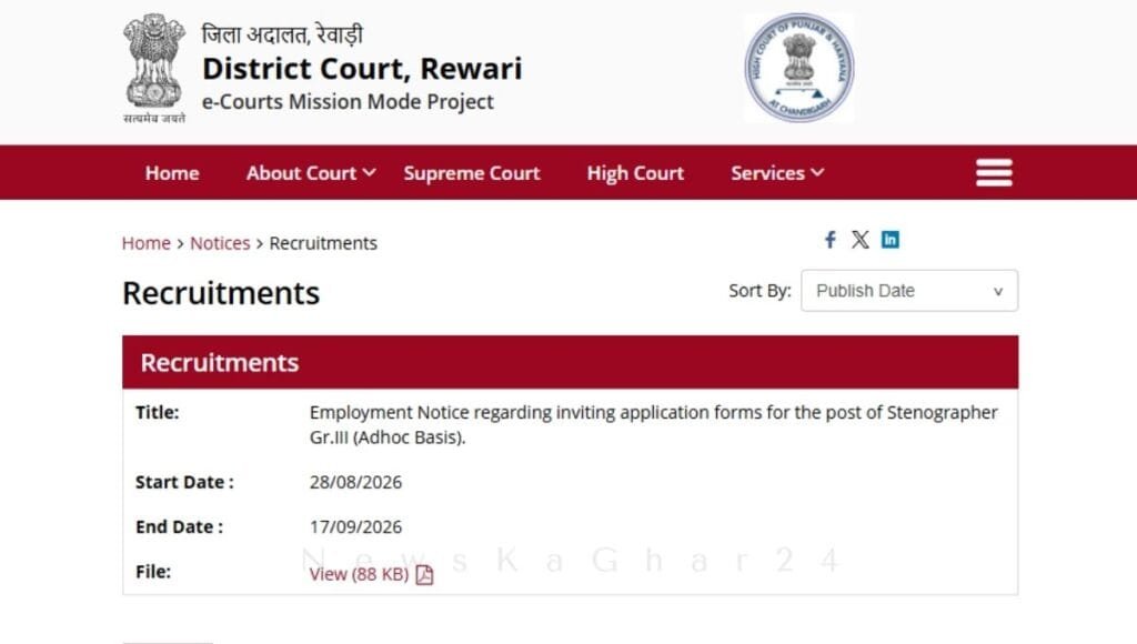 District Court Rewari Stenographer Recruitment 2026